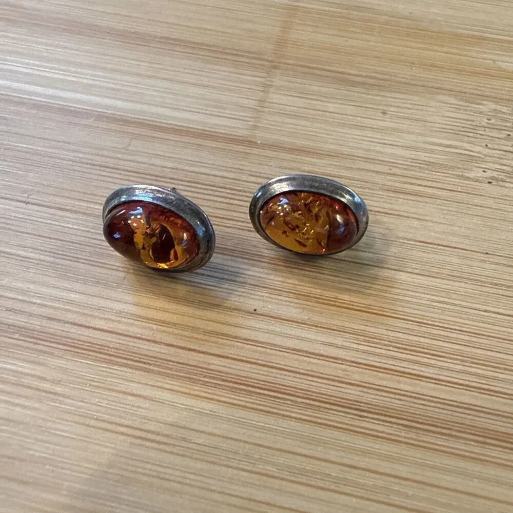 Amber Stone Stud Oval Earrings On Silver Vintage Unbranded